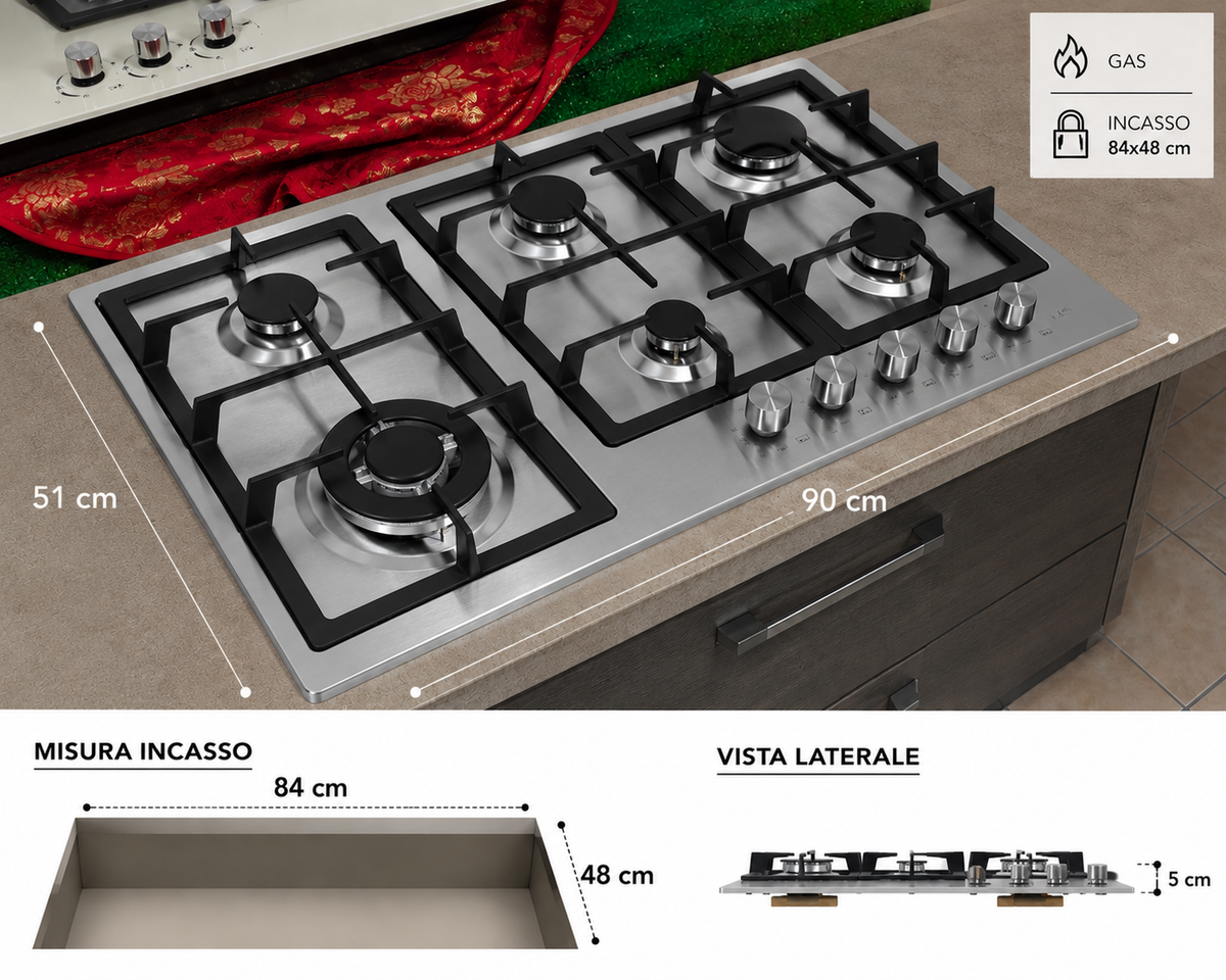 ACCIAIO INOX 90 CM DOPPIAGHISA VOV 6 FUOCHI VOV